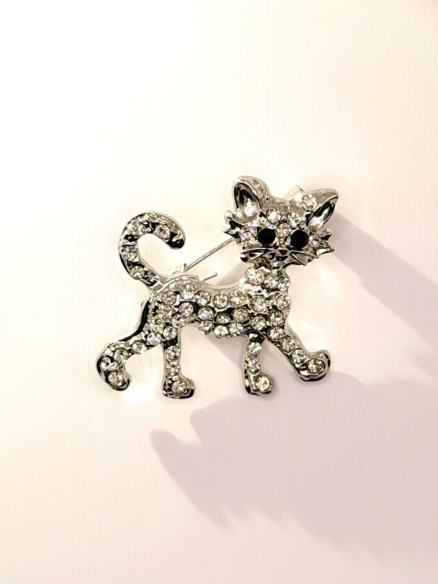 Crystal Cat Stroll Brooch Silver Front